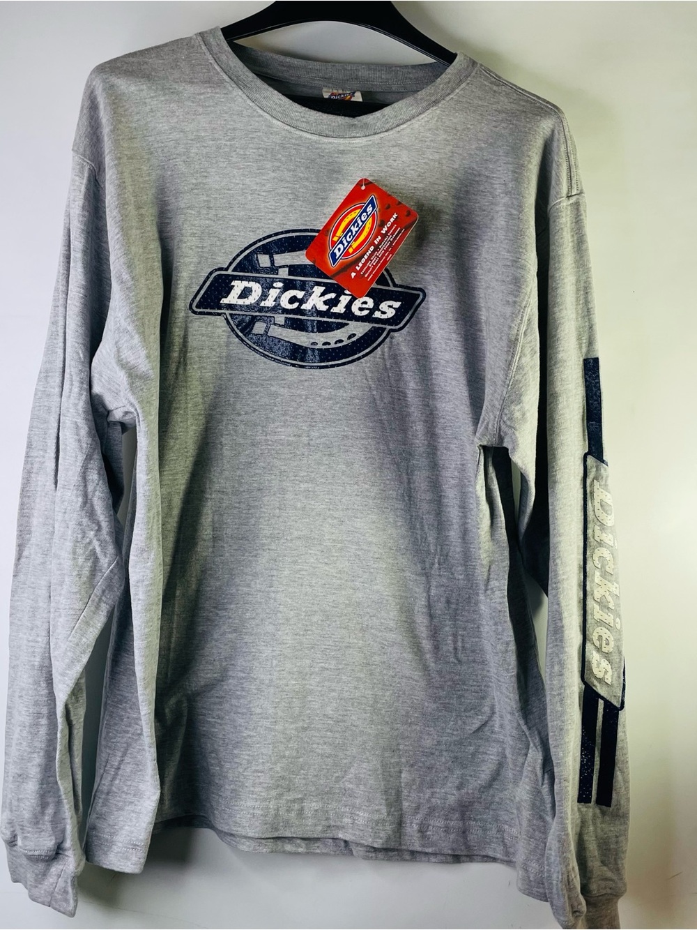 Dickies Men's Long Sleeve Logo Tee in Heather Gray with Navy Print